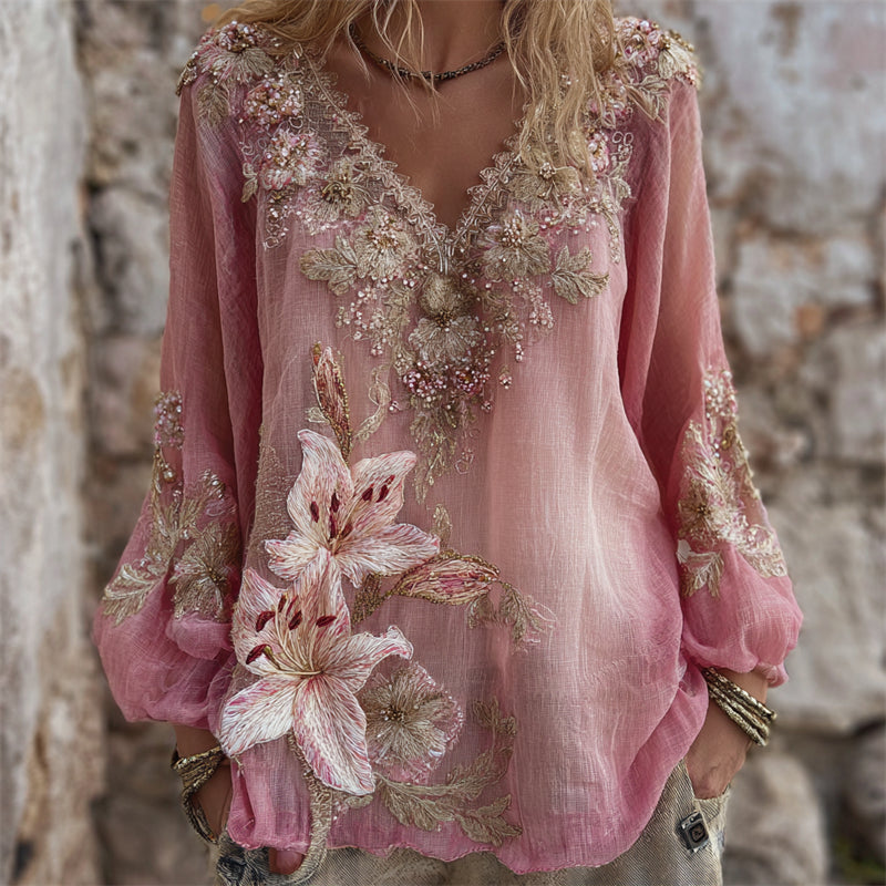 Elegant Pink Lily Glitter Floral Flowy Linen Tunic elevenforest