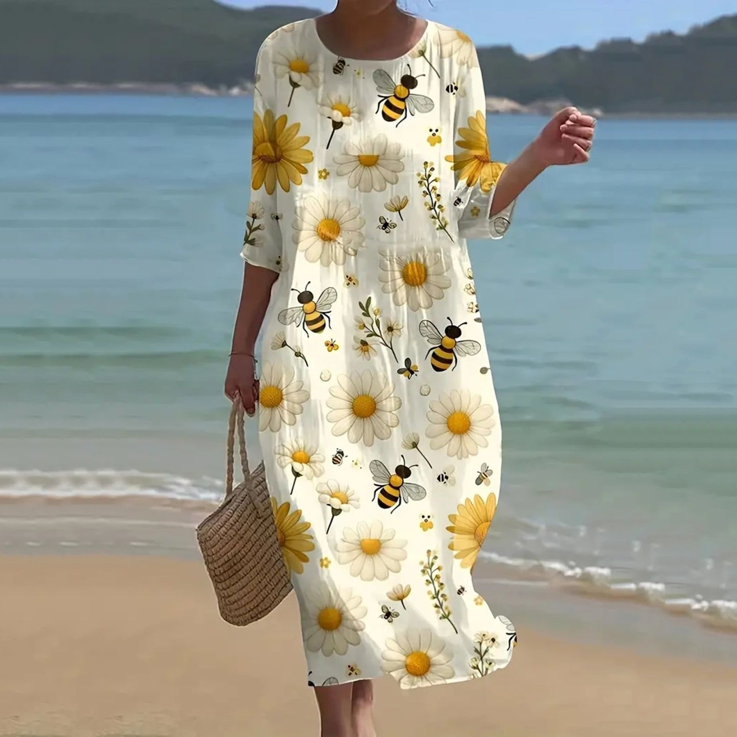 Women's Daisy Bee Print Linen Blend Midi Dress elevenforest