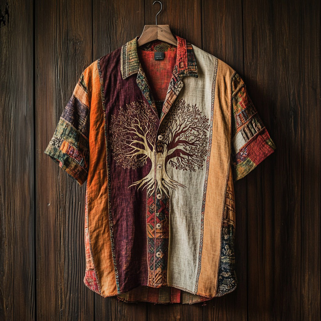 Men's Tribal Ethnic Tree Of Life Patchwork Contrast Shirt elevenforest