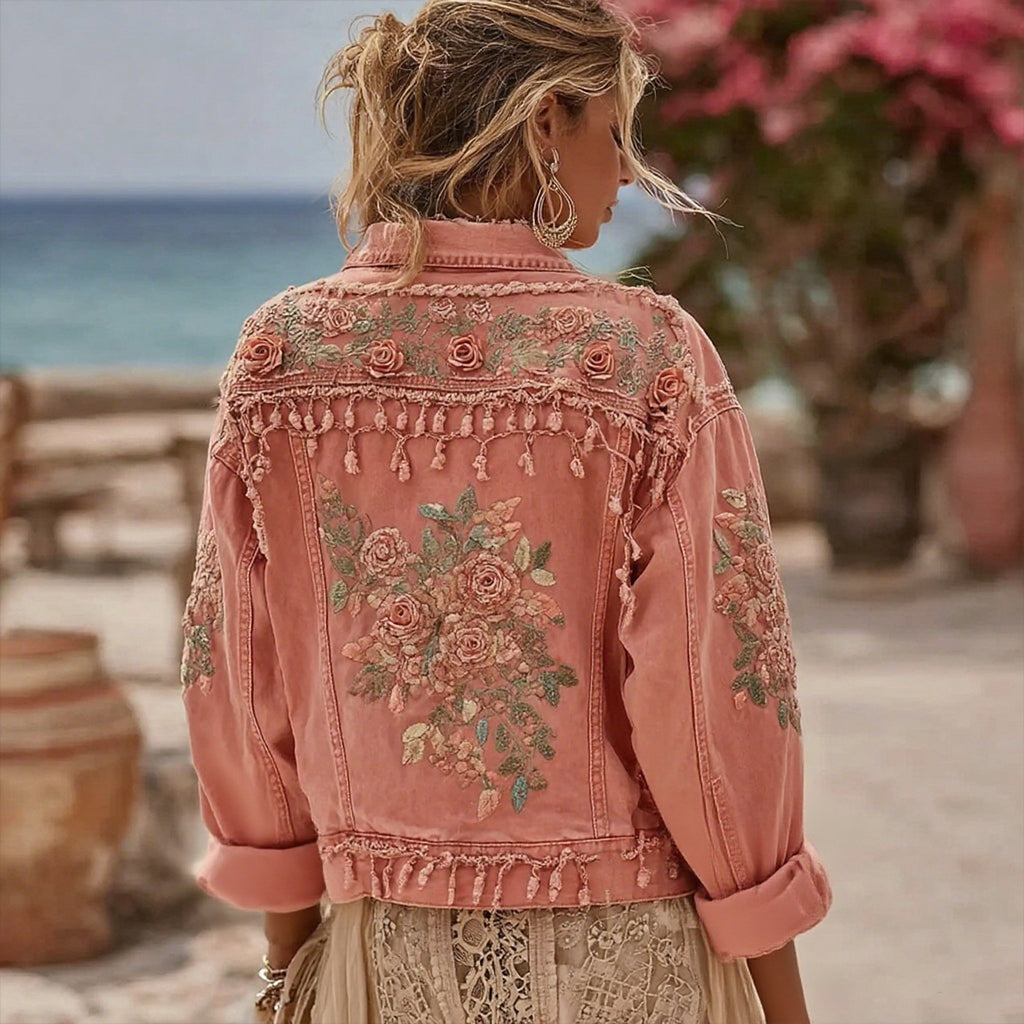 Women's Pink Rose Embroidered Denim Jacket elevenforest