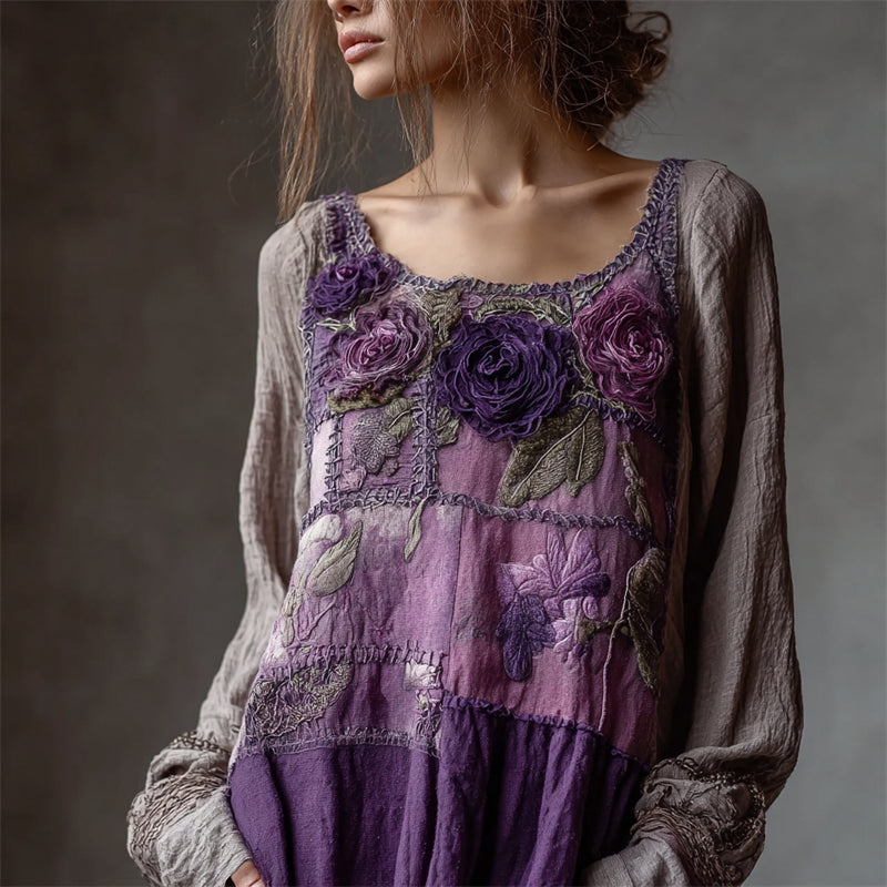 Vintage Purple Flowers Boho Lace Patchwork Linen Tunic elevenforest