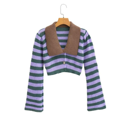 Stripe Contrast Color Lapels Knitted Cardigan – ’s Loose Short Top