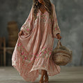 Women's Vintage Floral Art Flowy Linen Blend Casual V Neck Long Sleeve Maxi Dress elevenforest