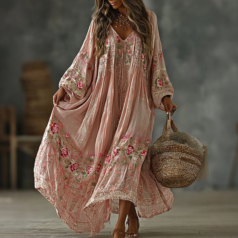 Women's Vintage Floral Art Flowy Linen Blend Casual V Neck Long Sleeve Maxi Dress elevenforest