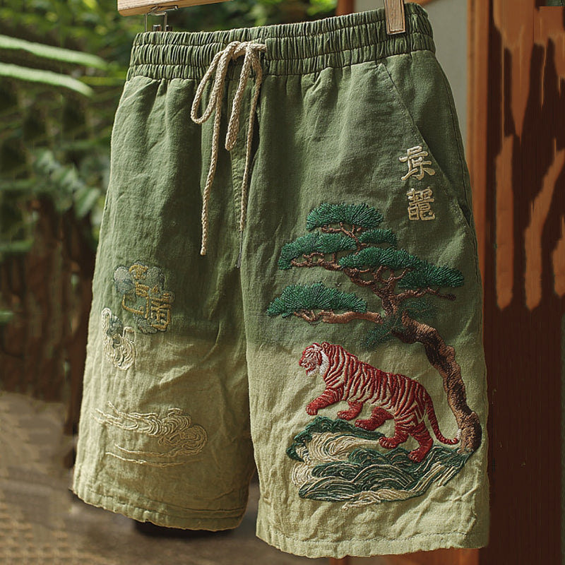 Men's Japanese Tiger Art Contrast Linen Short Pants elevenforest