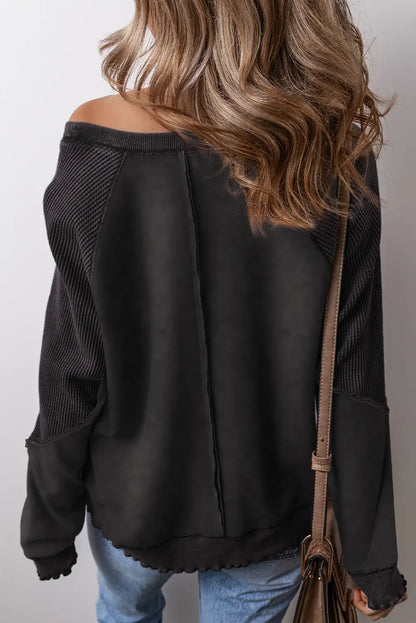 Black Waffle Knit Raglan Sleeve Sweatshirt
