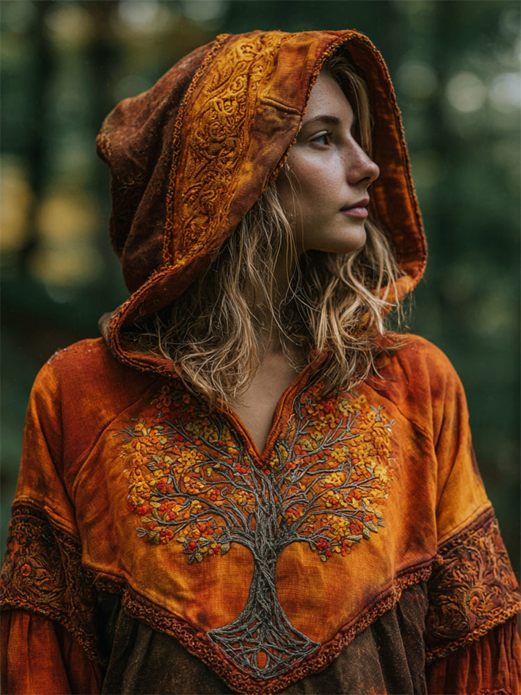 Vintage Fall Leaves Tree Of Life Embroidered Contrast Dyed Hoodie elevenforest