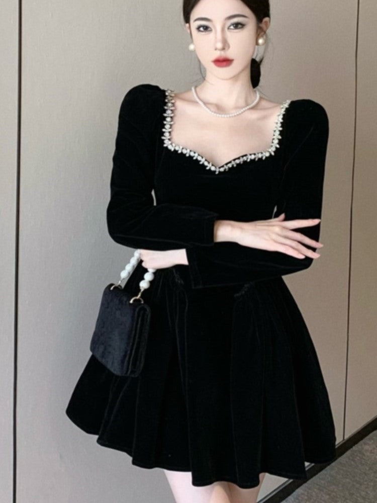 Black Velvet Mini Dress Long Sleeve Square Collar High Waist A-line Autumn Spring Evening Party Vestidos Mujer New