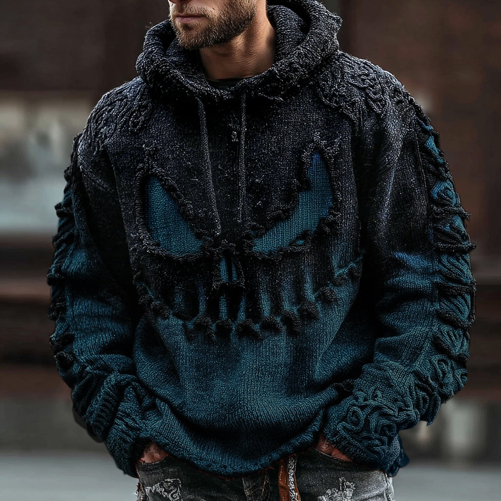 Men's Halloween Spooky Face Gradient Inspired Knitted Distressed Hooded Sweater artswardrobe