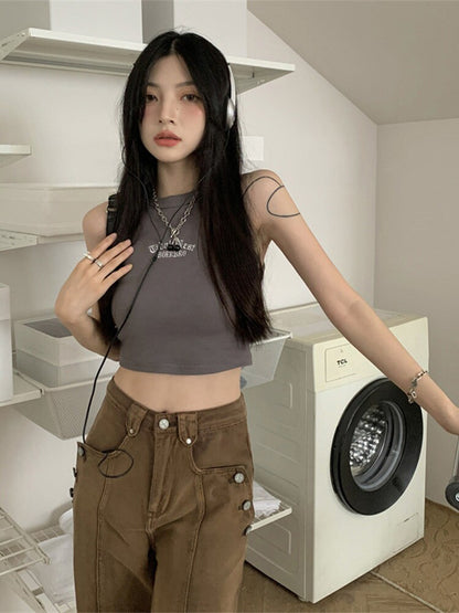 Summer Ribbed Top Letter Vest Female Y2k Crop Top Sleeveless T-shirt Short Sport Tops Korean Tank Top