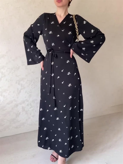 Tossy Printed Bandage Maxi Dress for V-neck Patchwork High Waist Lace-up Party Looks Long Dress New