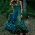 Vintage Classy Gradient Blue Rose And Floral Embroidered Linen V Neck Maxi Dress elevenforest