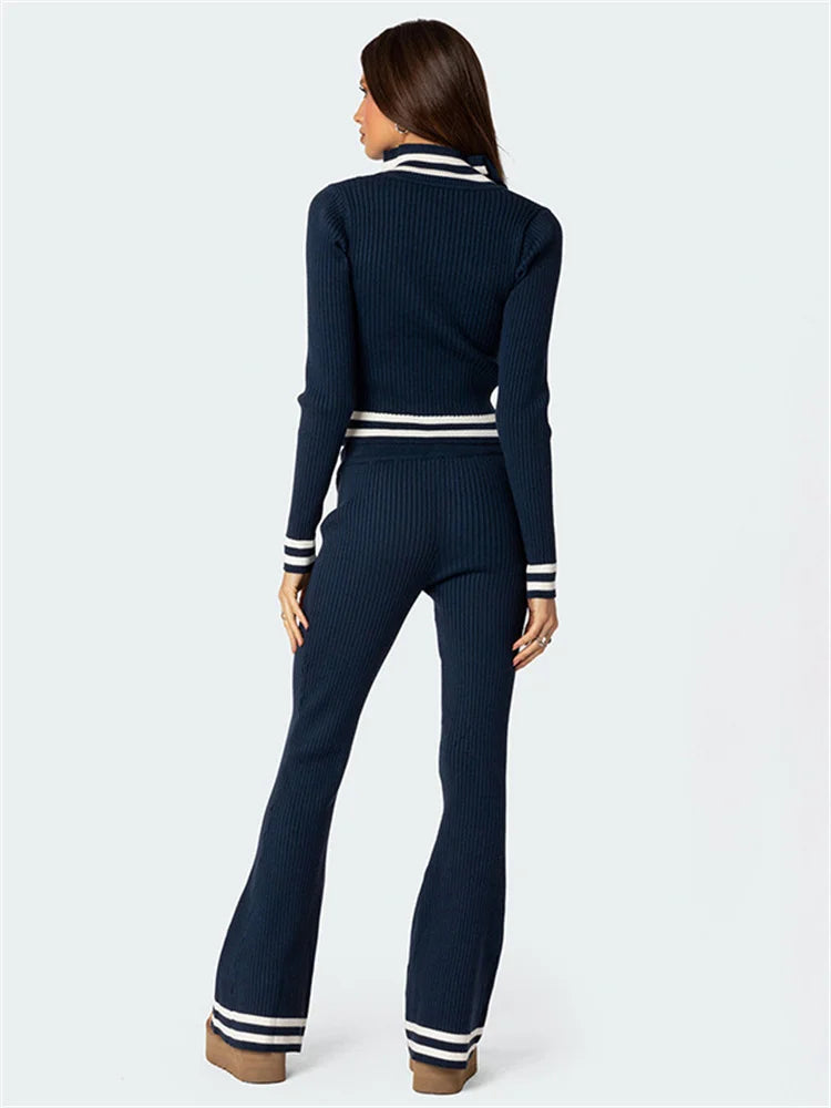 Tossy Knit Contrast 2 Piece-set for Ribbed Patchwork Long Sleeve Slim Cardigan Top and Trousers Outfits Knitwear