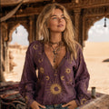 Mysterious Moon Tie-dyed V-neck Linen Embroidered Top elevenforest