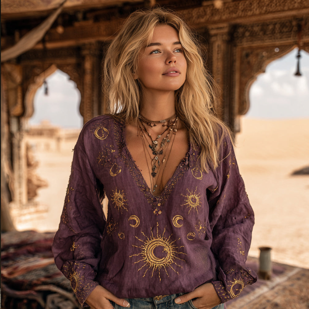 Mysterious Moon Tie-dyed V-neck Linen Embroidered Top elevenforest