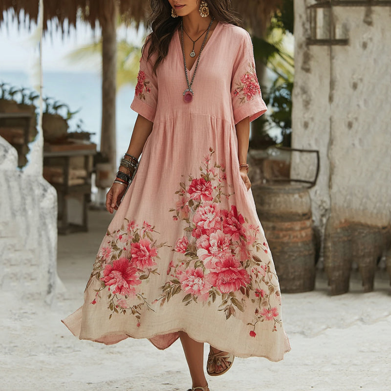 Women's Vintage Floral  Gradient Art Linen Midi Dress elevenforest