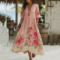 Women's Vintage Floral  Gradient Art Linen Midi Dress elevenforest