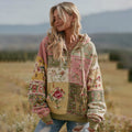 Women's Vintage Floral Patchwork Zipper Casual Hooded