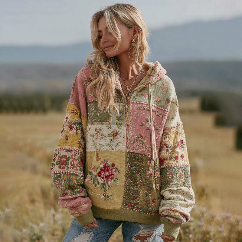 Women's Vintage Floral Patchwork Zipper Casual Hooded elevenforest