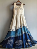 Vintage Ocean Inspired V Neck Flowy Linen Maxi Dress elevenforest
