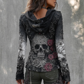 A Retro Women's Black-white Gradient Hooded Top With Gothic Skull And Floral Elements Design For Halloween. elevenforest