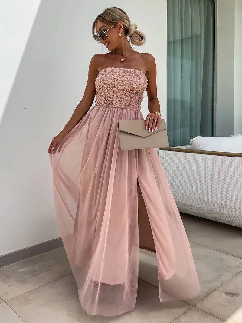 A-line Dress Ruffles Tulle High Slit Off the Shoulder Backless Party Maxi Dresses