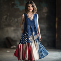 Women's Vintage Independence Day Flag Eagle Print V-neck Midi Dress elevenforest