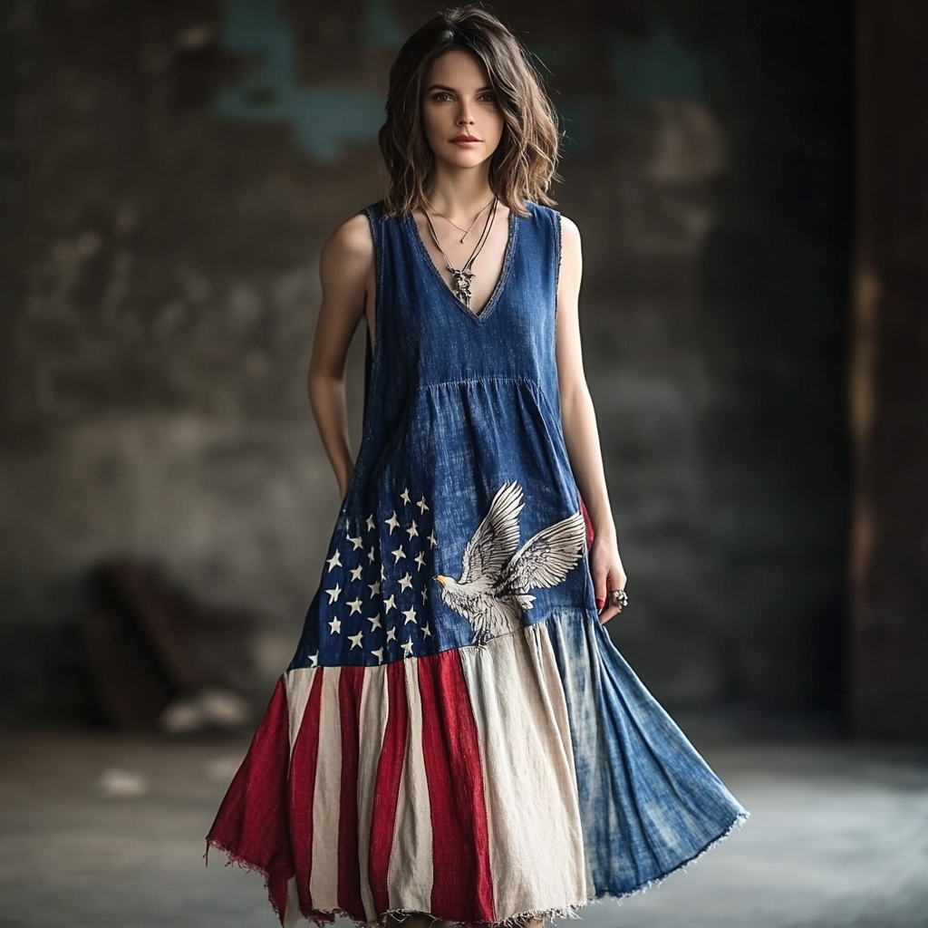 Women's Vintage Independence Day Flag Eagle Print V-neck Midi Dress elevenforest