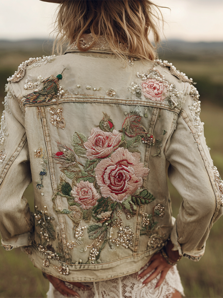 Bohemian Style Rose Embroidery Women's Retro Casual Denim Jacket elevenforest