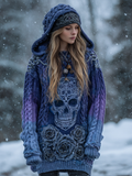 Women's Viking Tribal Jacquard Celtic With Rose And Skull Inspired Chunky Knit Hooded Sweater elevenforest