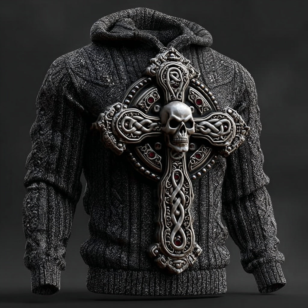 Men's Vintage Skull Cross Celtic Knit Chunky Hooded Sweater artswardrobe