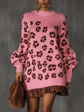 Pink Loose Knit Mini Dress With Velvet Ruffle And Leopard Print