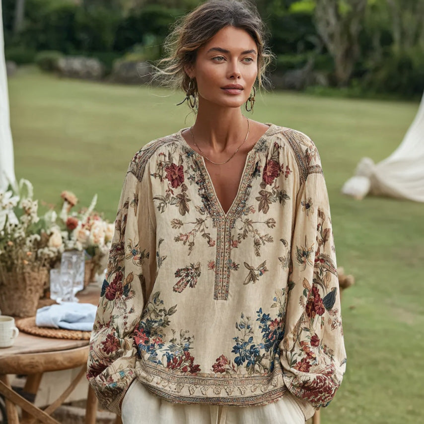 Women's Bohemian Floral V-neck Long-sleeved T-shirt elevenforest