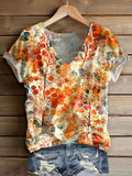 Women's Floral Art Print Casual V Neck Cotton T-Shirt