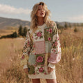 Comstylish Women's Floral Patchwork Art Cozy Knit Mini Sweater Dress