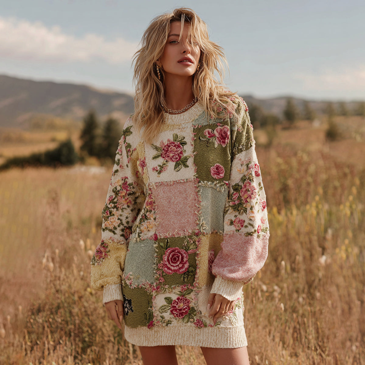 Comstylish Women's Floral Patchwork Art Cozy Knit Mini Sweater Dress