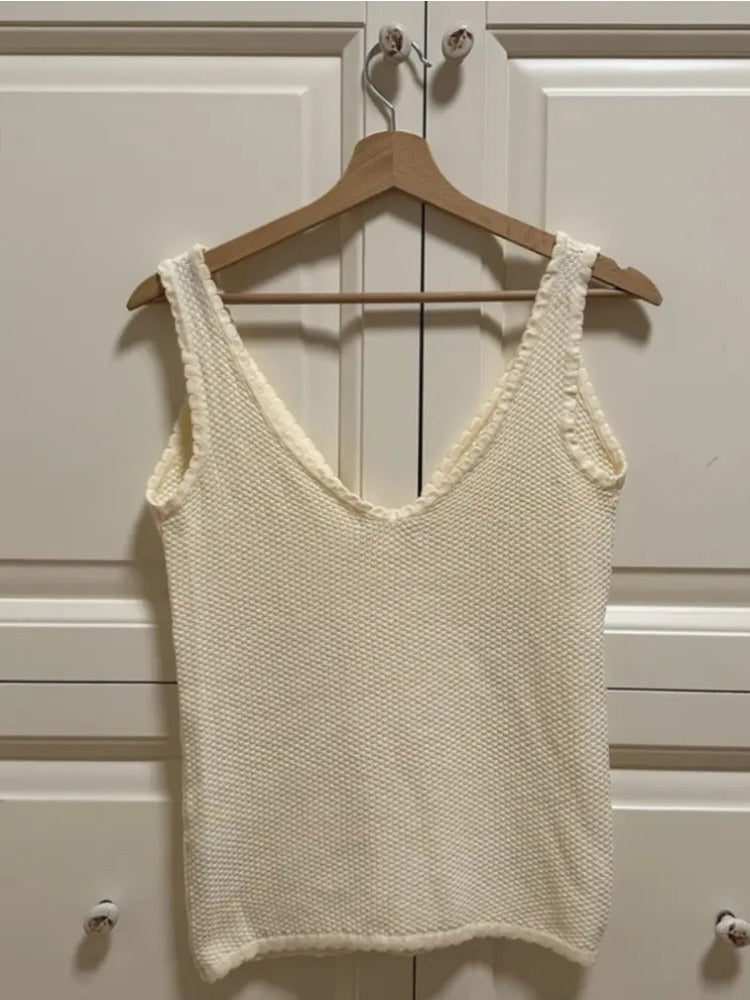 Taruxy Retro Deep V Neck Crop Top Y2k Ruffle Tank Tops Tie Up Bow Knitted Woman Backless Tops New