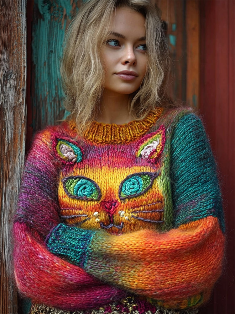 Lovely Cat Face Gradient Colorblock Cozy Chunky Sweater elevenforest