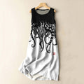 Vintage Japanese Art Octopus Legs Print Sleeveless Cotton And Linen Midi Dress elevenforest