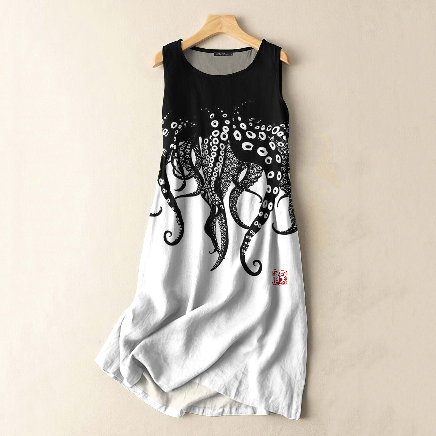 Vintage Japanese Art Octopus Legs Print Sleeveless Cotton And Linen Midi Dress elevenforest