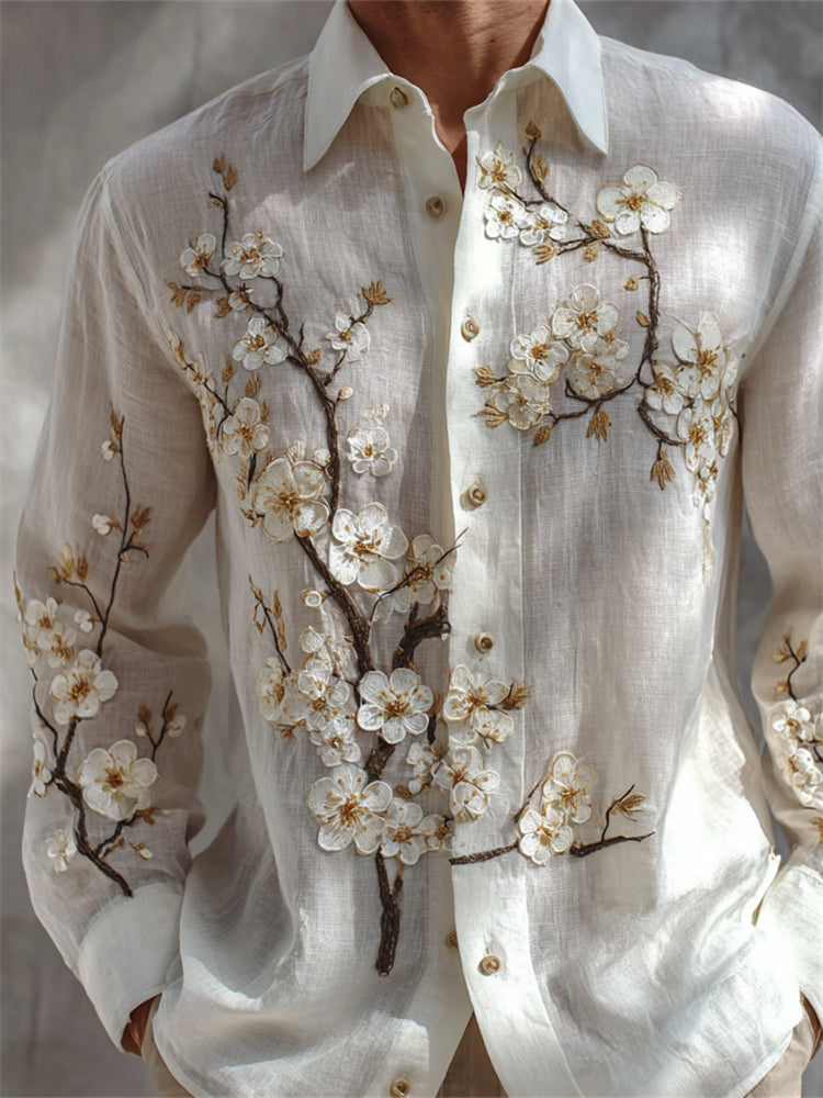 Men's Almond Blossom Fiber Art Embroidered Linen Shirt elevenforest