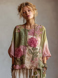 Vintage Pink Roses Cottagecore Patchwork Linen Tunic elevenforest