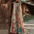 Women's Boho Floral Patchwork Art V Neck Comfy Midi Dress elevenforest