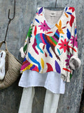 Comstylish Mexican Folk Art Otomi Flowers Embroidered Linen Blend Tunic