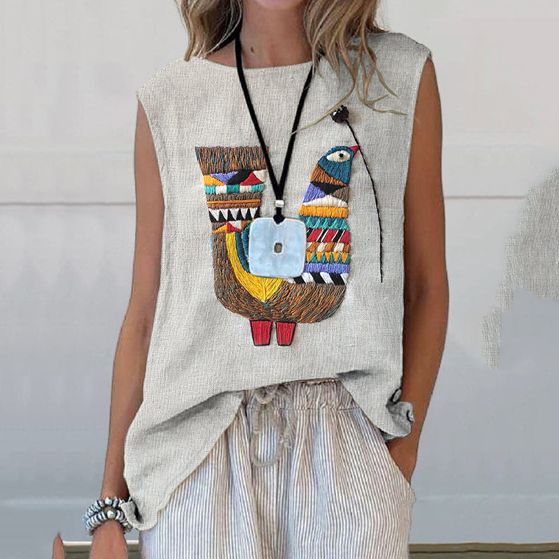 Women's Vintage Bird Embroidery Pattern Comfortable Sleeveless Shirt elevenforest