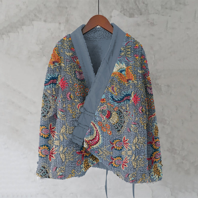 Japanese Embroidery Flower Art Cozy Fleece Kimono Cardigan elevenforest