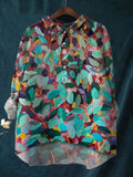 Colorful Branch And Leaf Printed Cotton And Linen Shirt
