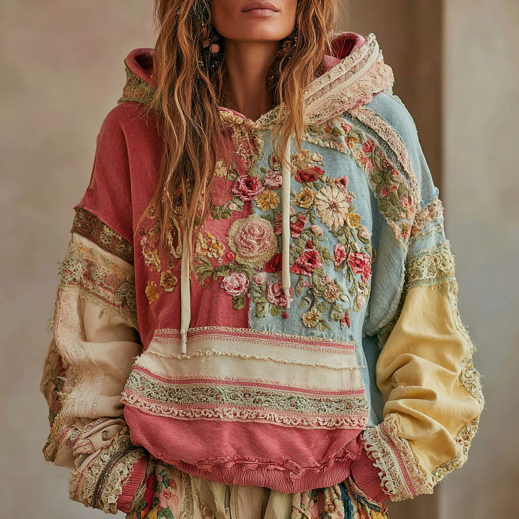 Women's Retro Floral Stitching Contrast Color Warm Hoodie elevenforest