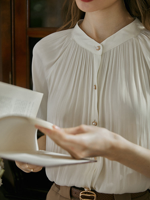 Loose Puff Sleeves Buttoned Pleated Round-neck Blouses&shirts Tops