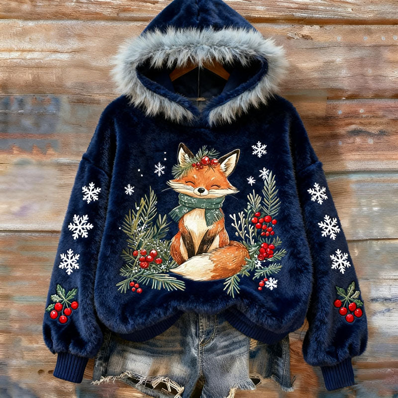 Comstylish Vintage Christmas Winter Cute Fox Art Women's Cozy Plush Sweater Hoodie